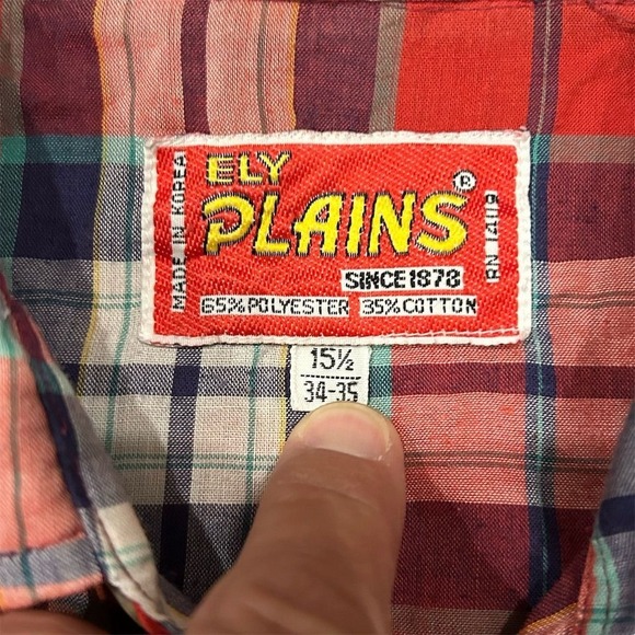 Vtg Ely Plains Men's Vintage western Plaid Snap Button-Up Shirt Red Size 15.5 - Picture 4 of 6